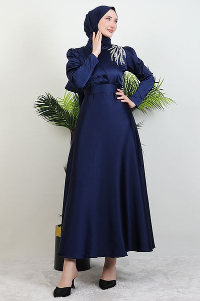 Giza Giyim Rochie de Seara Sate Stoned Umeri Albastru Marin