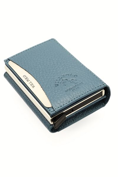willpolo Genuine Calfskin Natural Automatic Blue Card Holder Wallet with Pouch Compartment Mechanism