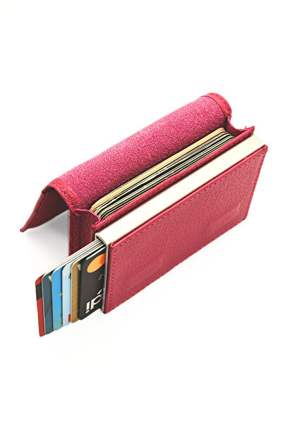 willpolo Γνήσιο πορτοφόλι από φυσικό δέρμα αγελάδας αυτόματο ροζ θήκη για κάρτες με μηχανισμό θήκης