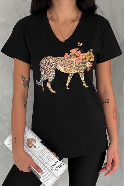 FEMELLE Tricou negru de damă, 100% bumbac, cu paiete, cu paiete, cu decolteu în V