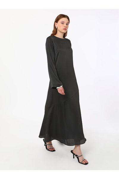 Refka Rochie Hijab din Satin Decupaj Asimetric - Neagra - Refka