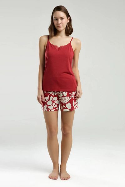 Arnetta Thin Strap Collar with Lace Detail, Soft Doulu Fabric Women's Shorts Pajama Set