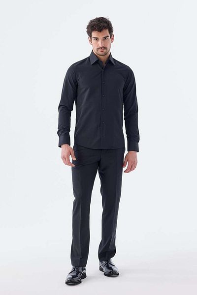 Jakamen Памучна риза Black-1 Slim Fit с италианска яка и класическа вратовръзка