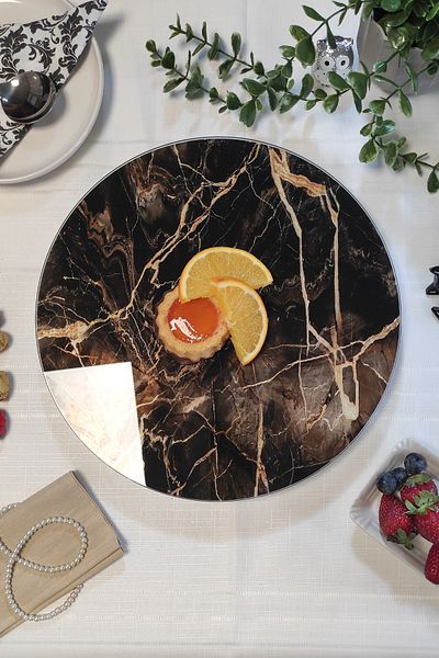 Sunum360 Brown Marble Patterned Serving and Presentation Plate with Rotating Stand, Cheese Plate, Lazy Susan