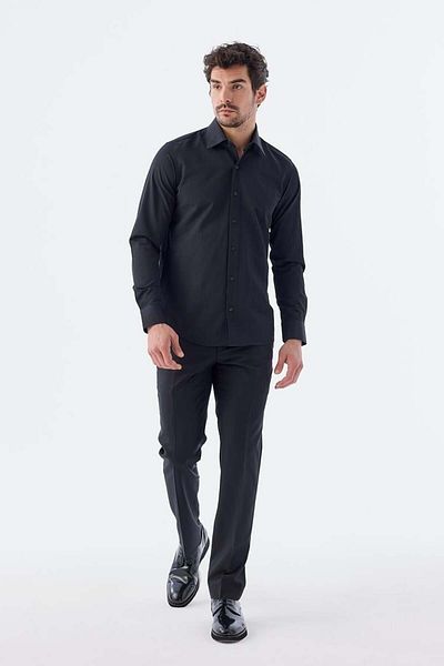 Jakamen Черна памучна риза Slim Fit с италианска яка и класическа вратовръзка