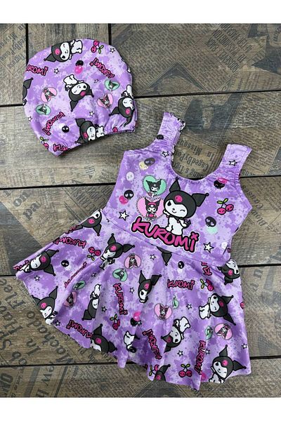 moddacocuk Kuromi Patterned Girl's Swimsuit Bonnet