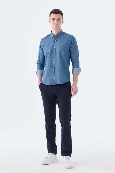 Jakamen Тъмносиня риза Slim Fit с яка от 100% памук и джобове