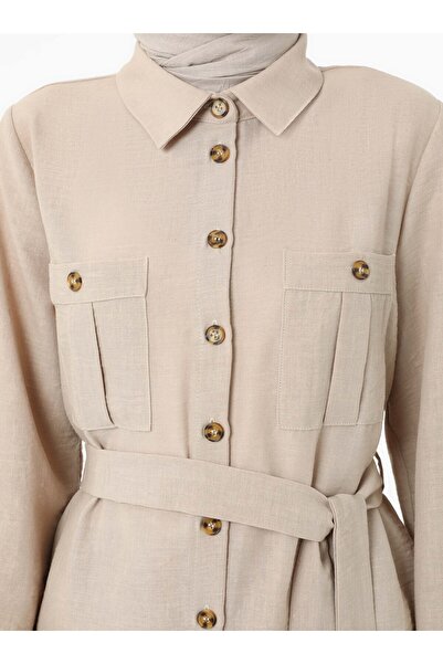 Refka Λεπτομερές τουνίκ παντελόνι σε λινό όψη με μπεζ κοστούμι τσέπης - Refka