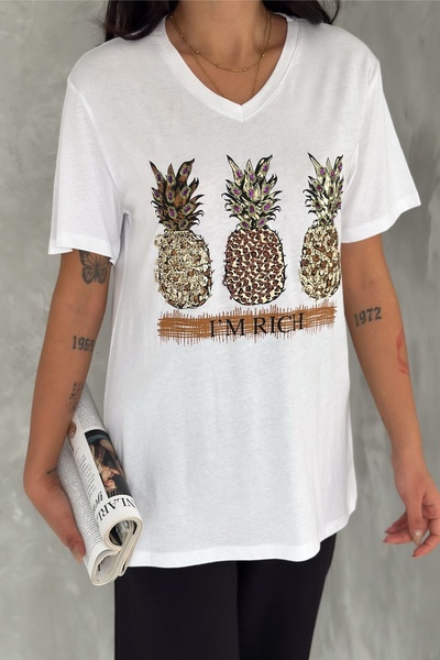FEMELLE Women's White V-Neck Large Size Pineapple Sequin Sequin Embroidered 100% Cotton T-Shirt