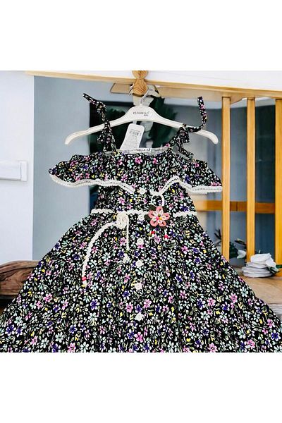 Esterella Rochie cu bretele pentru fetiță/Rochie detaliată pe umeri/Rochie pentru copii cu bretele din frânghie de viscoză