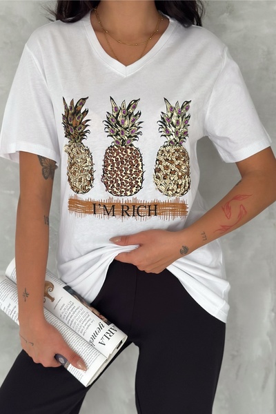 FEMELLE Women's White V-Neck Large Size Pineapple Sequin Sequin Embroidered 100% Cotton T-Shirt