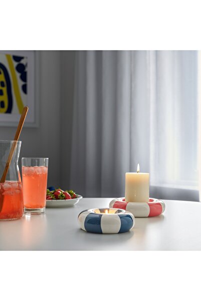 IKEA TRÄDSTAM Tealight holder, dark blue/white, 4 cm