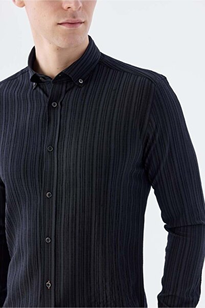 Jakamen Black Slim Fit Buttoned Collar Linen Blended Patterned Shirt