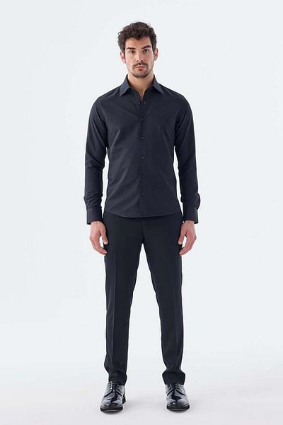 Jakamen Черна памучна риза Slim Fit с италианска яка и класическа вратовръзка