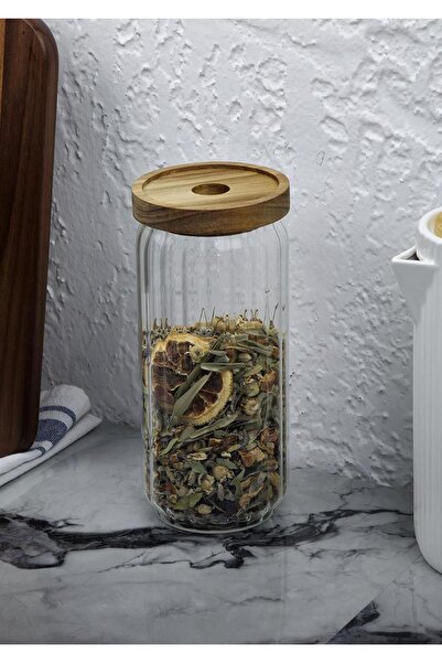 HomeTarz Timber Cam Kavanoz - Çizgili Saklama Kavanozu - Ahşap Kapaklı, 950 ML