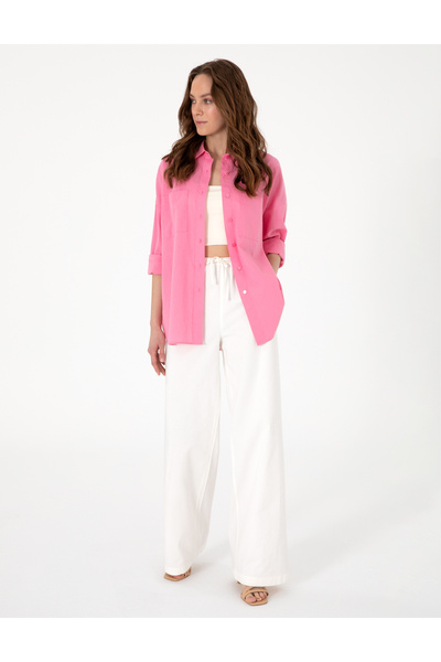 Pierre Cardin Açık Pembe Oversize Keten Karışımlı Uzun Kollu Gömlek 50313128-VR078