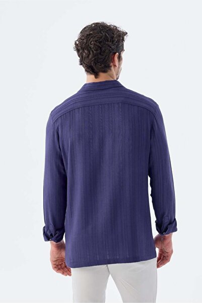 Jakamen Saks Klasik Fit Apaş Yaka Çizgili %100 Pamuk Bohem Gömlek