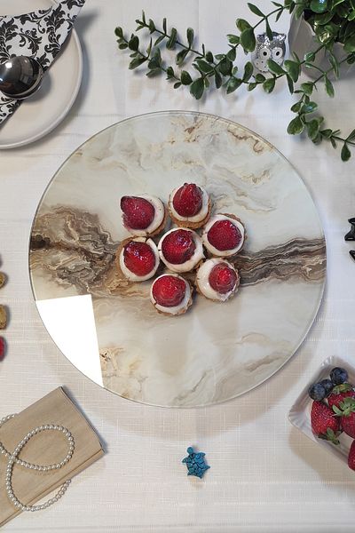 Sunum360 White Marble Patterned Serving and Presentation Plate with Rotating Stand, Cheese Plate, Lazy Susan