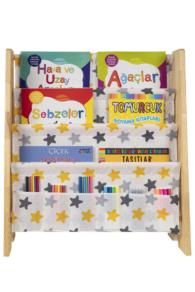 Temel Doğal Ahşap Montessori Çocuk Kitaplığı Sarı Kumaşlı