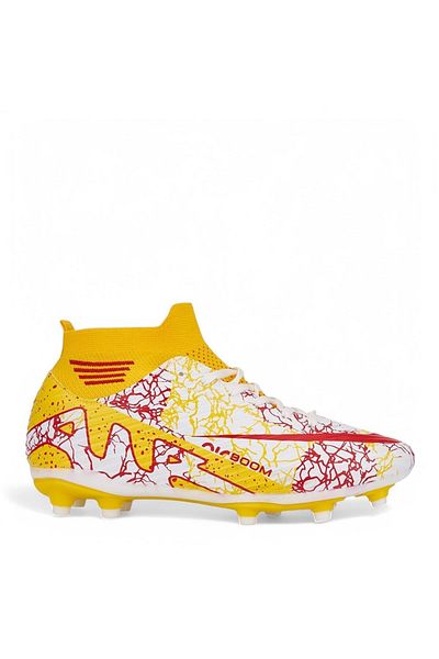 Nisanur Shoes Laliga Yellow-Red Sock Cleats Turf and Astroturf Football Shoes