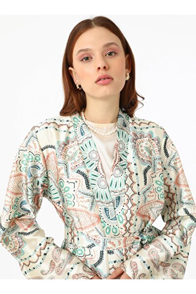 Refka Etnik Desenli Saten Pantolon Kimono Takım -Refka