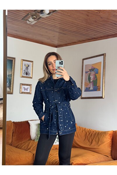 Butik Zımba detaylı kuşaklı denim ceket