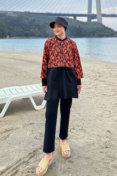 Yefrastore Women's Orange Patterned Hijab Swimsuit 3 Piece Set