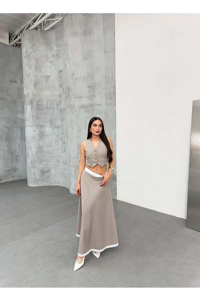Aymood مجموعة سترة تنورة متوسطة الطول مخططة من جيو