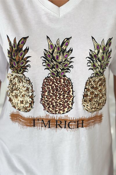 FEMELLE Women's White V-Neck Large Size Pineapple Sequin Sequin Embroidered 100% Cotton T-Shirt