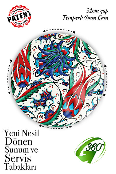 Sunum360 Çini Desenli, Dönen Standlı Servis Ve Sunum Tabağı, Peynir Tabağı, Lazy Susan