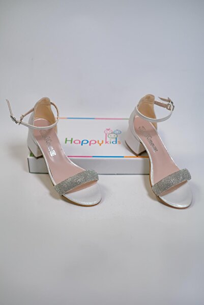 BUTİKHAPPYKİDS Kız Çocuk Abiye Ayakkabı Krem Sedef Rugan Tek Bantlı Taşlı Mezüniyet-Düğün Topuklu Çocuk Abiye Ayakk