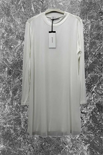 Puane Women's Crew Neck Long Sleeve Chiffon Detailed Front Ecru Tunic / Undershirt 10269