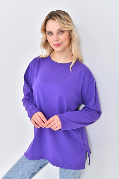 mirach Μωβ βαμβακερό χτενισμένο βαμβακερό τουνίκ μακρυμάνικο μπλουζάκι μπλουζάκι