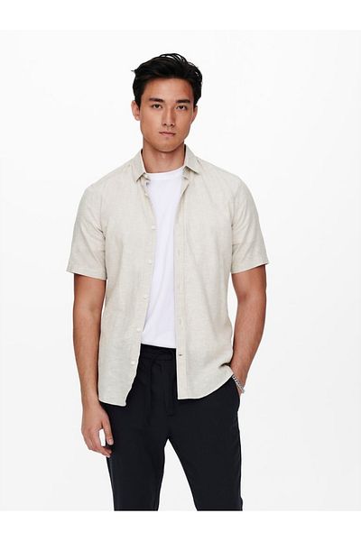 Only & Sons Onscaiden Ss Solid Linen Shirt Noos Ανδρικό καφέ Kk πουκάμισο - 22009885