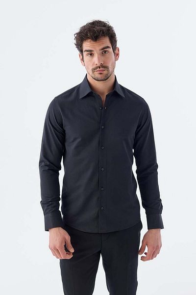Jakamen Черна памучна риза Slim Fit с италианска яка и класическа вратовръзка