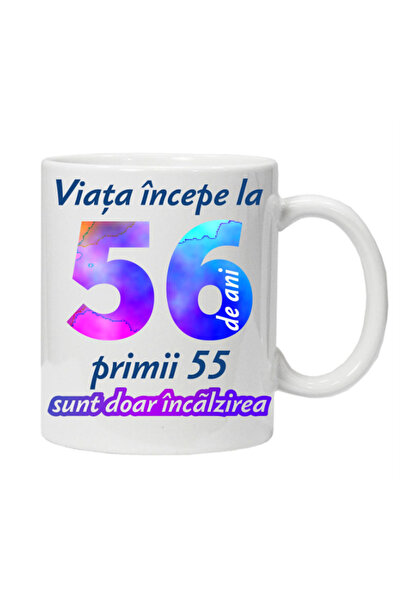 OEM Cana albă personalizată „Viața începe la”, 56 de ani, INOVATIX®. 330 ml