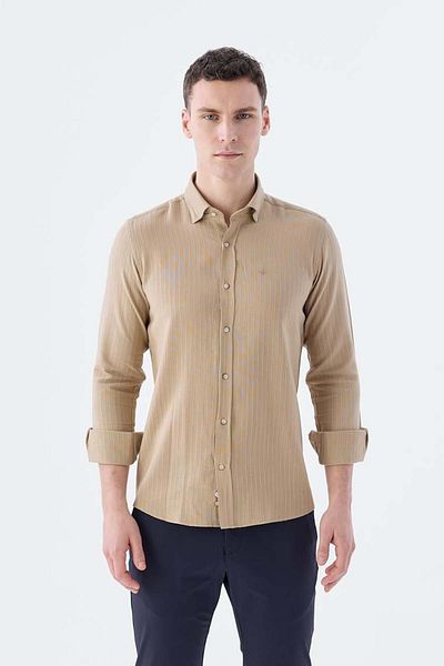 Jakamen Camel Comfort Fit Εύκαμπτο ύφασμα βαμβακερό πουκάμισο με κουμπιά