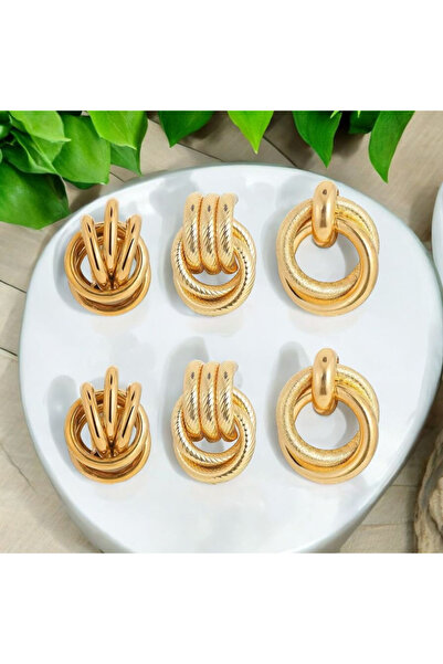 Marchen Collection Kadın 3 Çift Altın Renk Küpe Seti Çok Katmanlı Altın Çember Tasarımlı Küpe