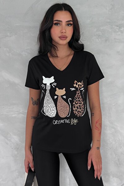FEMELLE Dámské černé tričko s výstřihem do V velké velikosti s kočičí flitry vyšívané 100% bavlnou