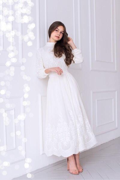 Muslima Wear White Pearl Pamuk Elbise