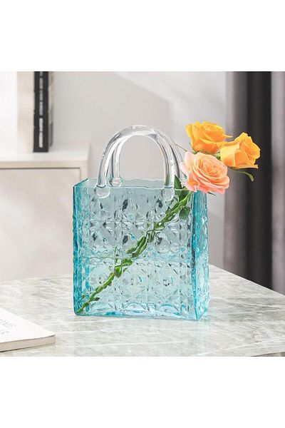 Nettenevime Bag Vase Cornered Model Glass Flower Vase Decorative Blue Vase Large Size Glass Bag Vase