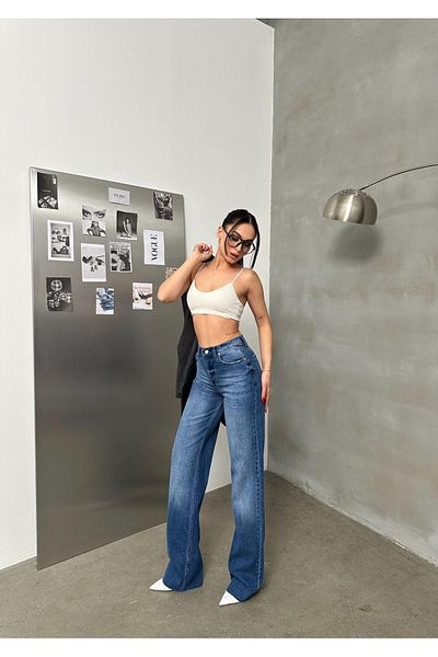 Gofeel Jean Mom cu picioare largi Y2K albastru