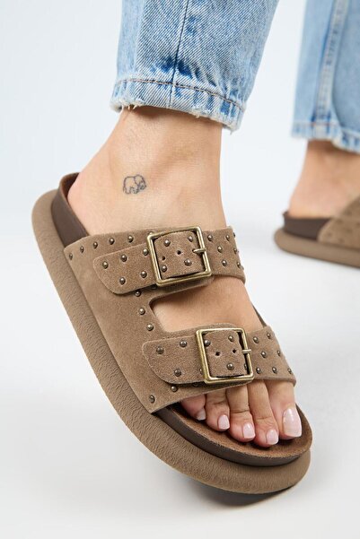 Manijero (Sude) Γυναικείες παντόφλες από γνήσιο δέρμα με διπλή πόρπη Trock Mink