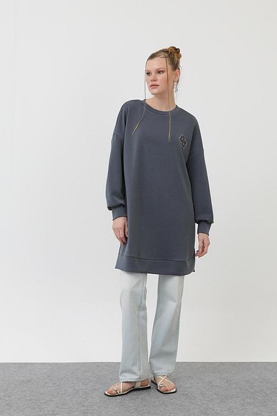 Puane Women's Front Embroidery and Stone Detailed Tunic - 10614Tun - Anthracite
