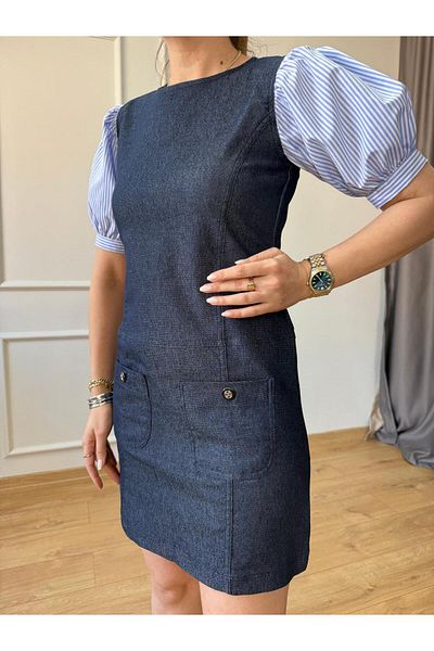 Size Özgü Rochie Jeans cu mâneci pepene albastru