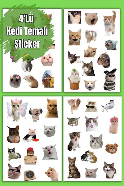 birikiyedi Funny Cats Set of 4, Sticker, Label, Agenda, Diary, Planner, Scrapbook, Laptop, Flask