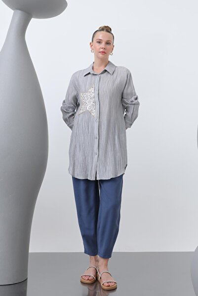 Puane Women's Star Embroidered Shirt Tunic - 10646Gml - Gray