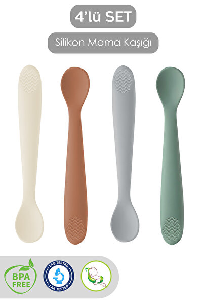 Meleni Baby 4'lü Silikon Mama Kaşığı - Diş Kaşıyıcı Bebek Beslenme Kaşığı Sil...