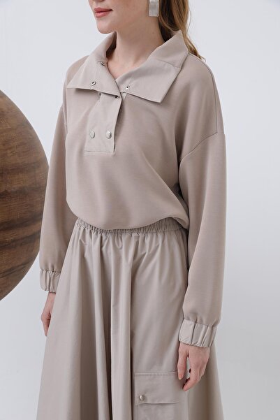 Puane Women's Snap Detailed Elastic Waist Suit - 14298Tks - Beige