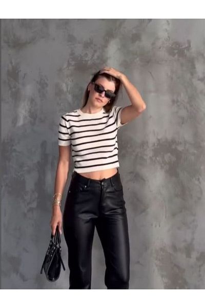 GAJA Striped Crew Neck Knitwear Super Crop Bodysuit Gj4647